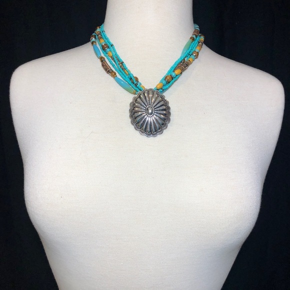 Blue & Brown Layered Bead Concho Necklace Earrings - Picture 3 of 3